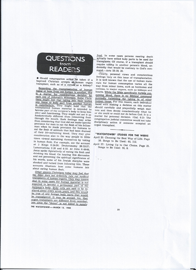 Watchtower magazine, published in 1980 March 15, p.31