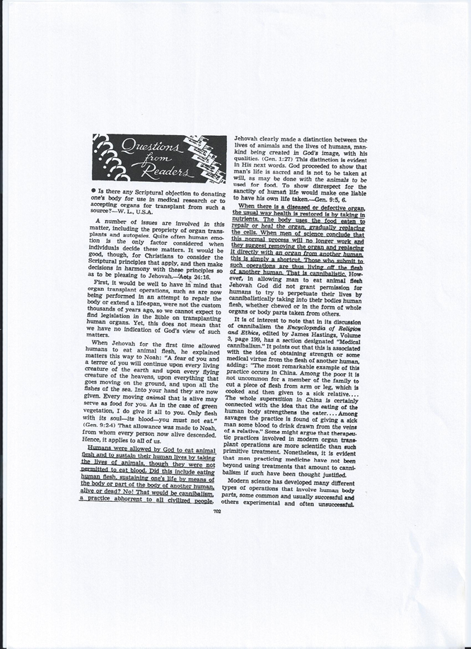 Watchtower magazine, published in 1967 Nov 15, p.702